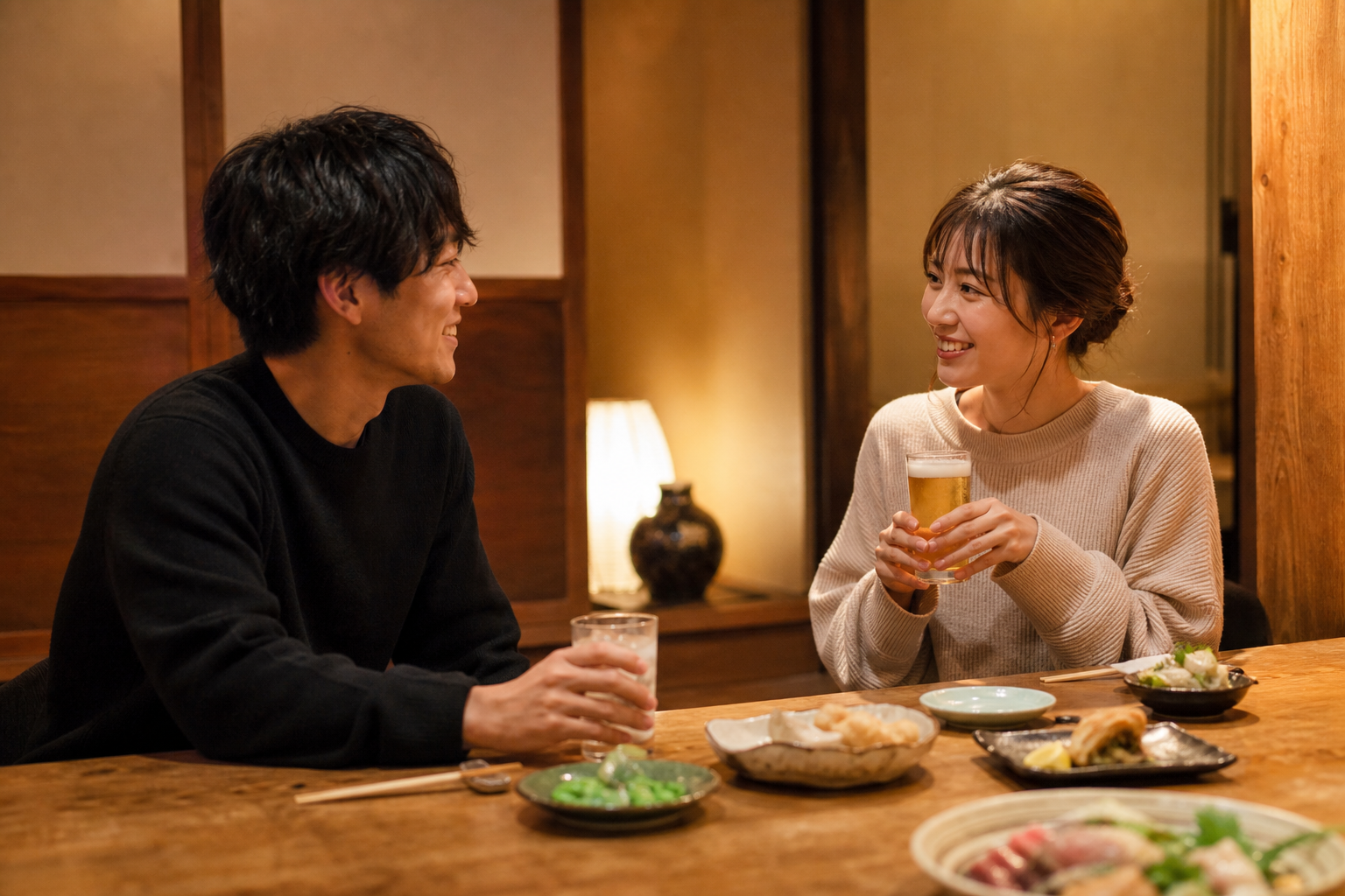 出会い系で知り合って居酒屋で会う男女のイメージ