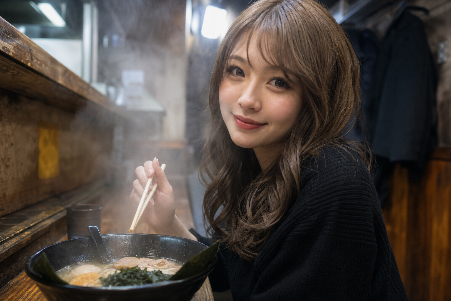 深夜のラーメン屋で店終わりのれいなちゃんと